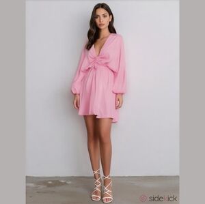 NWT Zara Pink V-Neck Mini Dress with Long Sleeves And Ruched Waist